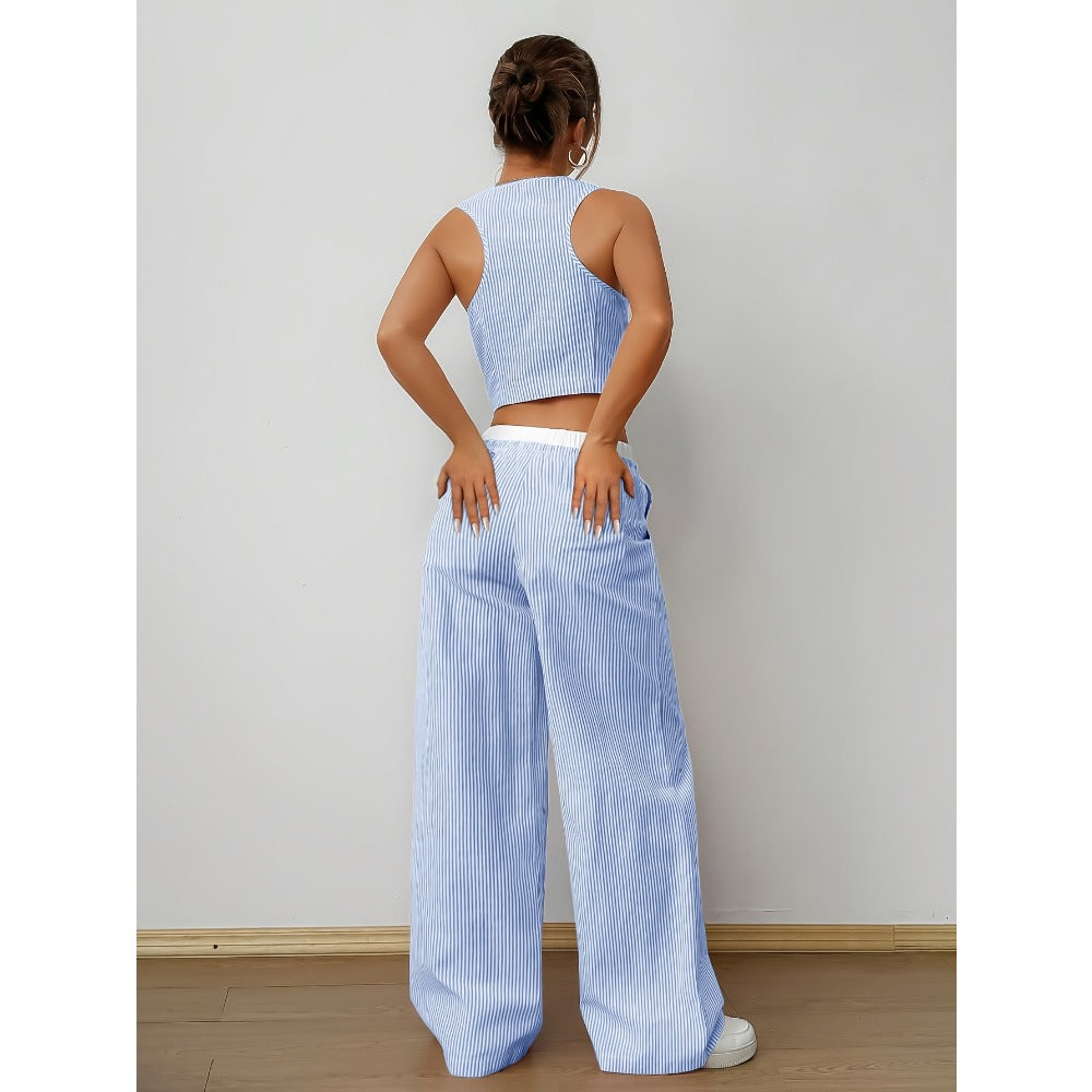 Striped Two Piece Wide Leg Pants Set for Women - Debora
