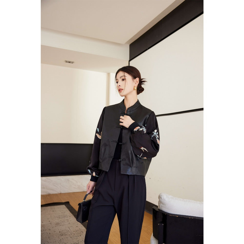 Black Faux Leather Jacket with Embroidered Sleeves for Women - Genziana