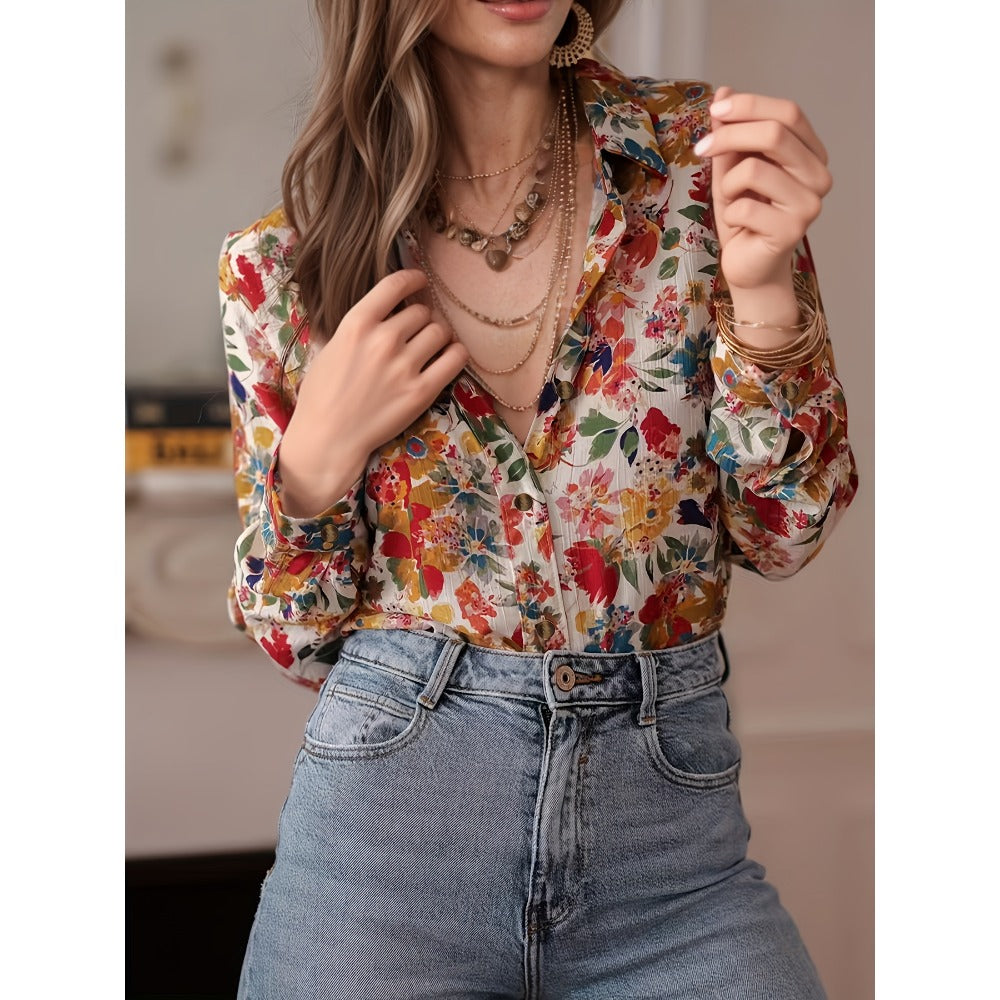 Multicolor Floral Print Long Sleeve Button Shirt for Women - Cecilia