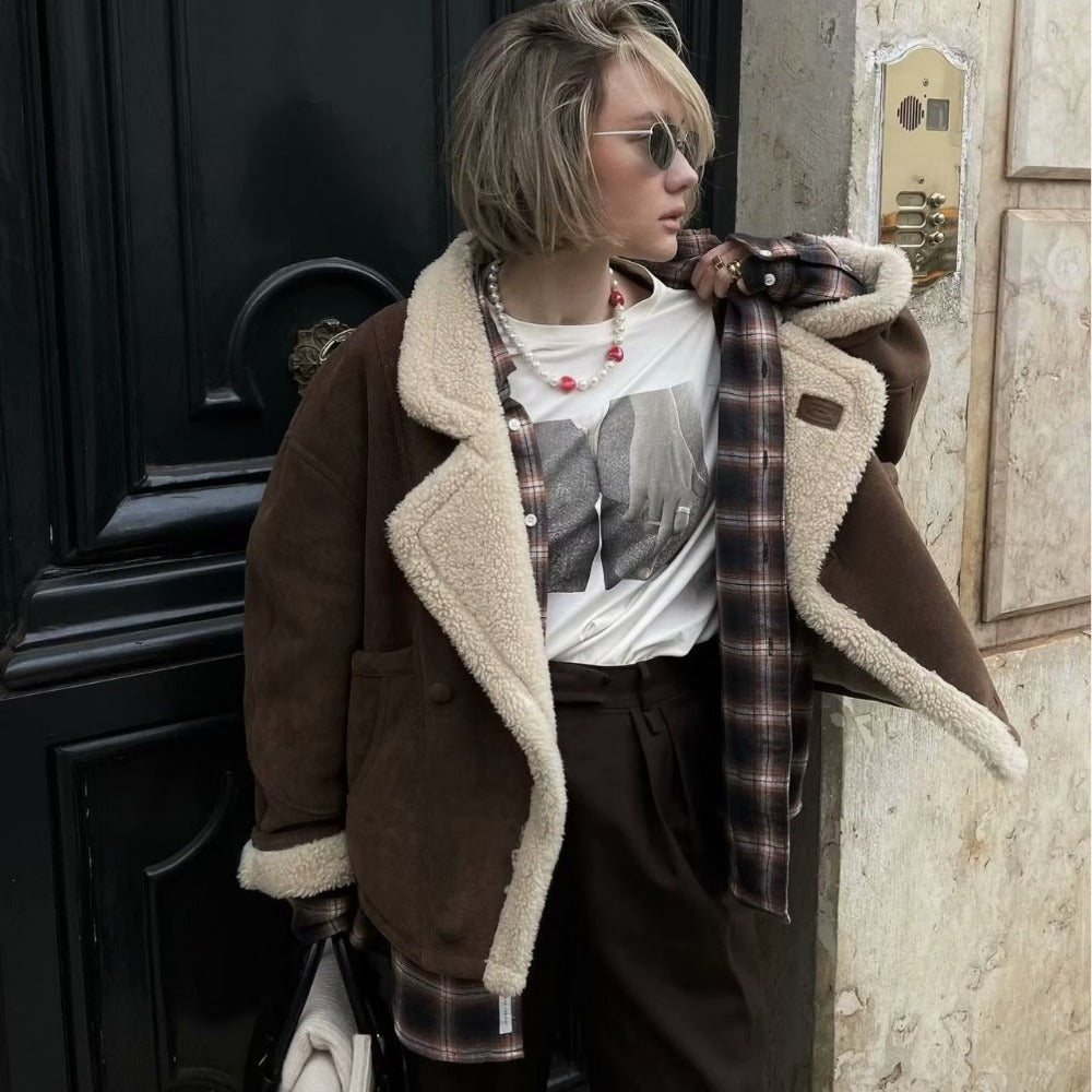 Faux Shearling Lined Suede Jacket with Pockets for Women - Capitolina