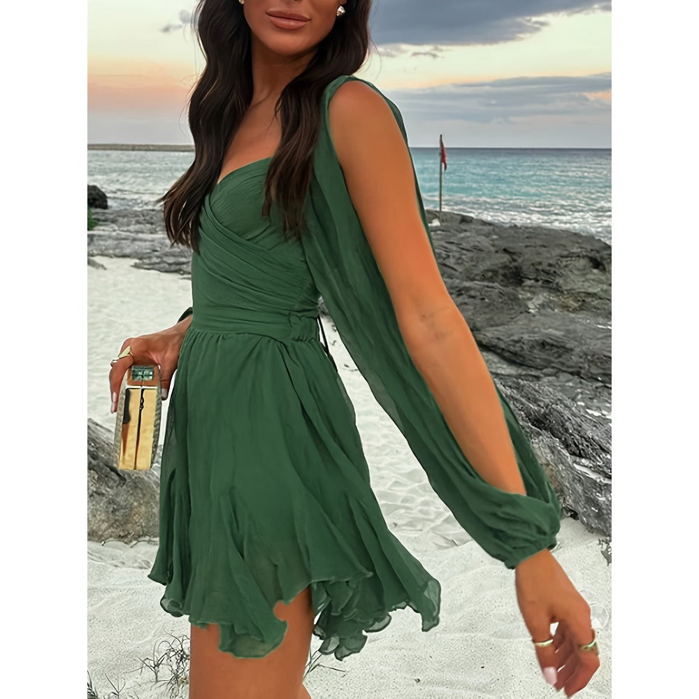 Dark Green Strapless Mini Dress with Flowing Sleeves for Women - Luce