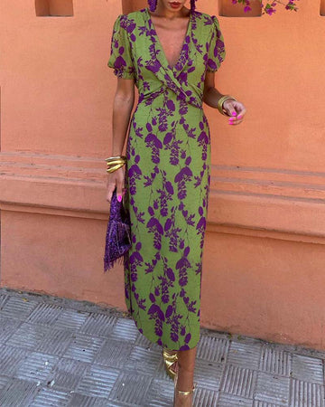 Elegant Midi Dress with Puff Sleeves and Flattering Fit for Women