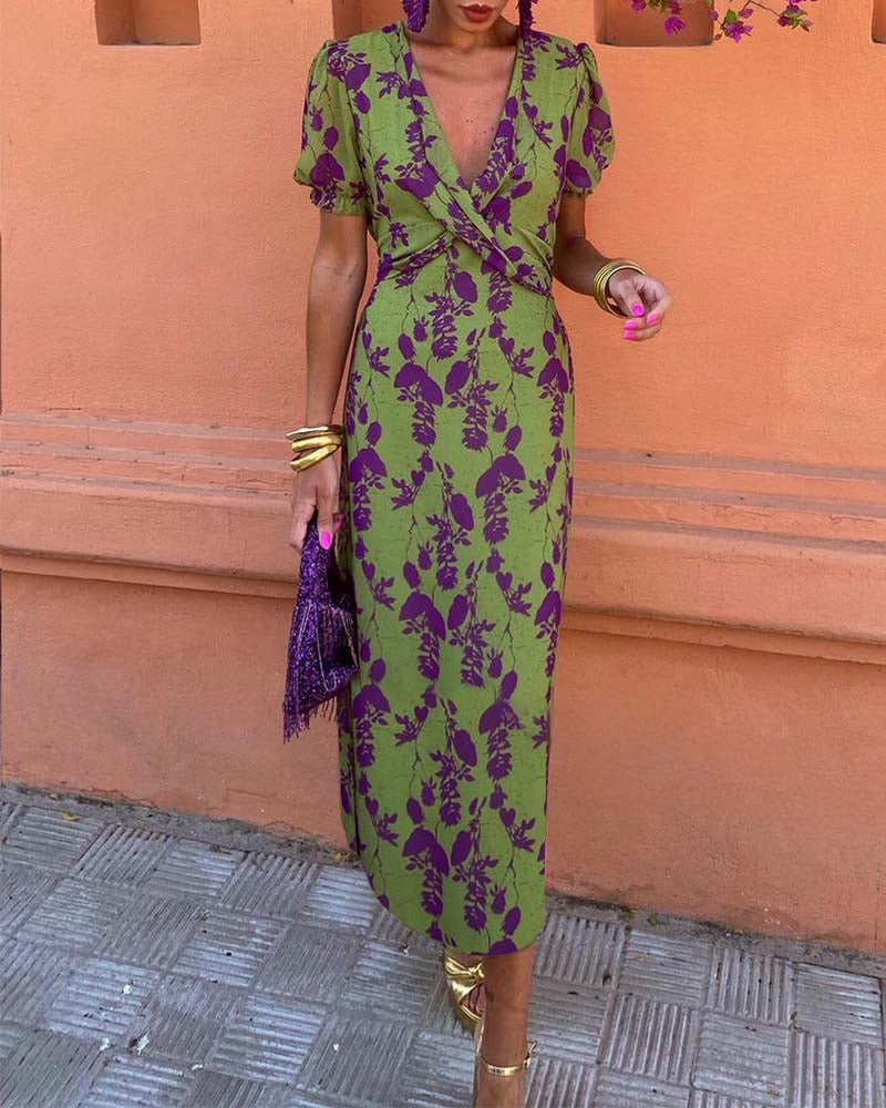 Elegant Midi Dress with Puff Sleeves and Flattering Fit for Women
