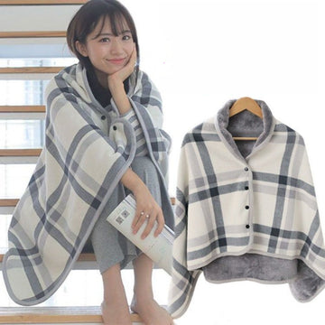 Plaid Fleece Poncho Cape with Buttons for Women - Lara