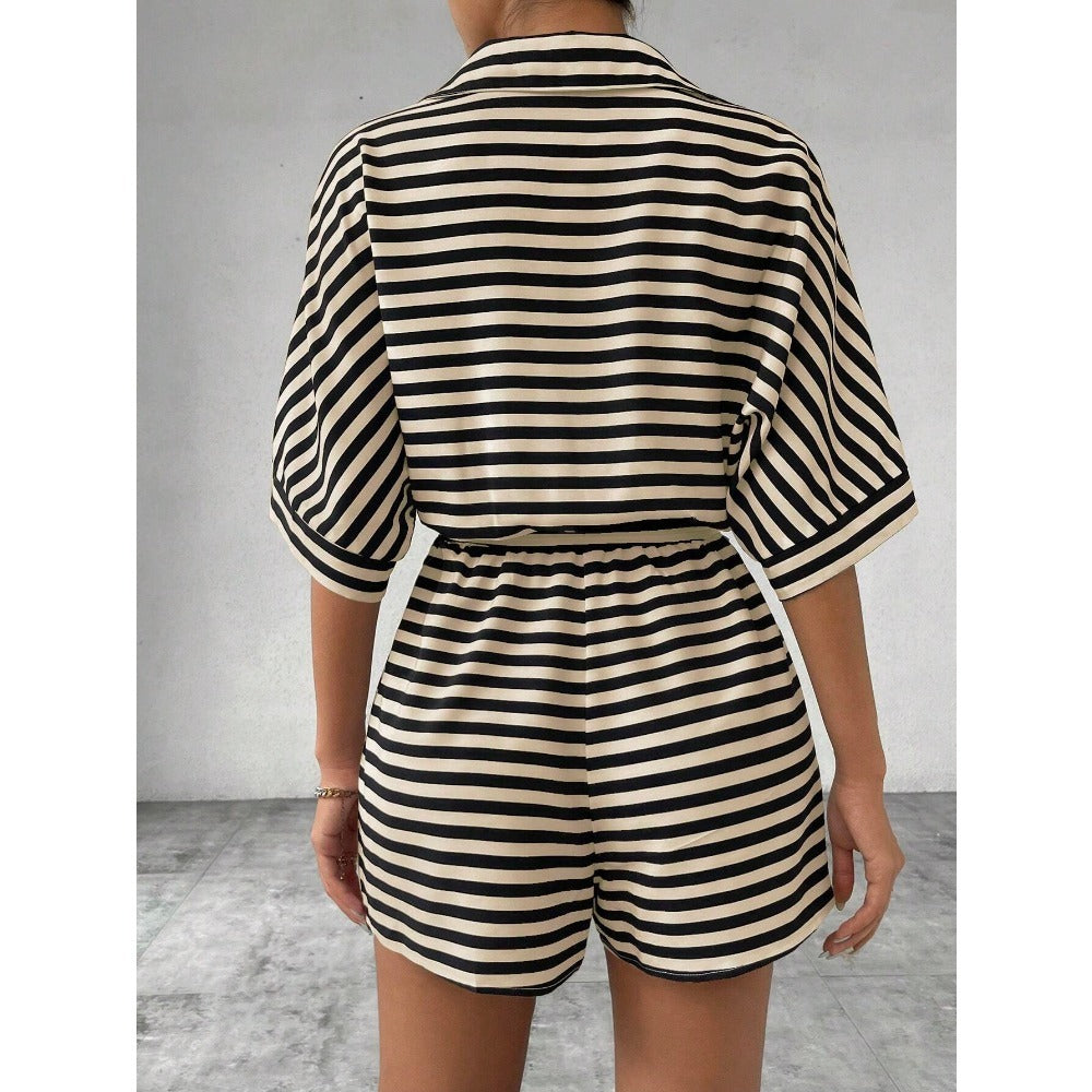 Striped Short Sleeve Belted Romper for Women - Teresa