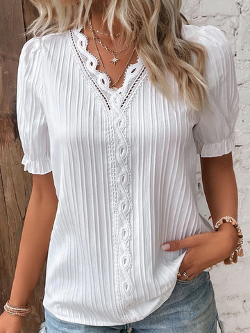 Textured V-Neck Blouse with Short Sleeves for Women