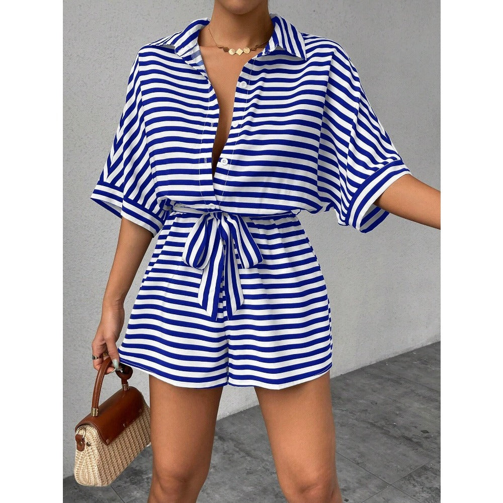 Striped Short Sleeve Belted Romper for Women - Teresa