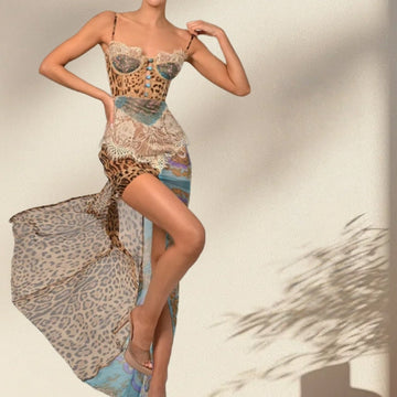 Leopard Print Mesh Dress with Lace and Button Detail for Women - Siria