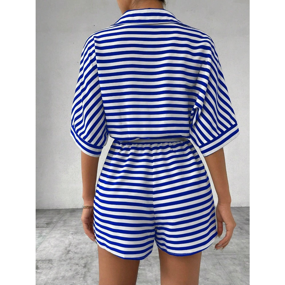 Striped Short Sleeve Belted Romper for Women - Teresa