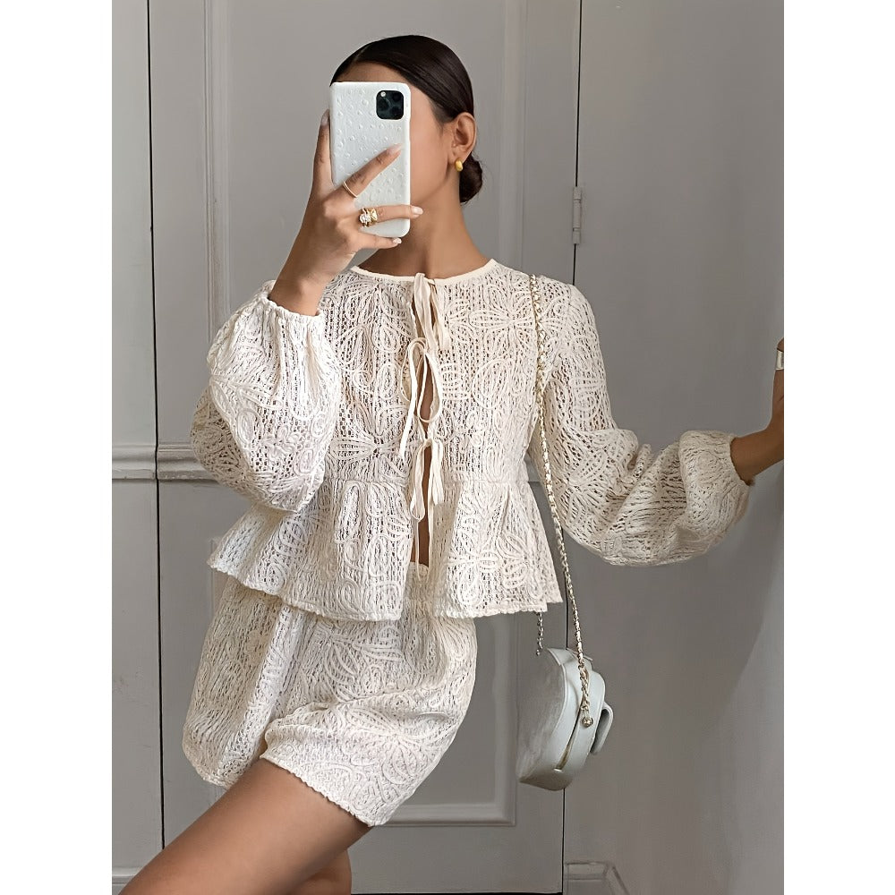White Lace Two Piece Long Sleeve Shorts Set for Women - Aurora