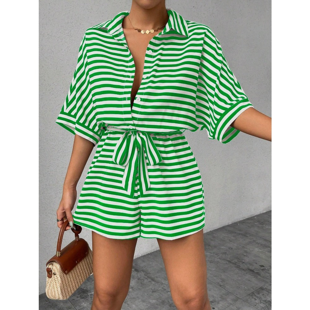 Striped Short Sleeve Belted Romper for Women - Teresa