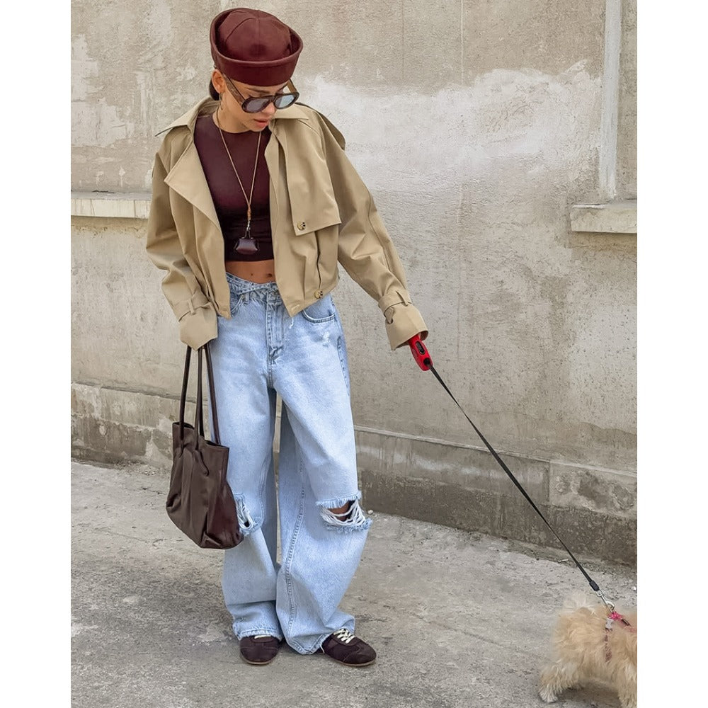 Khaki Cropped Trench Coat with Wide Collar for Women - Romana