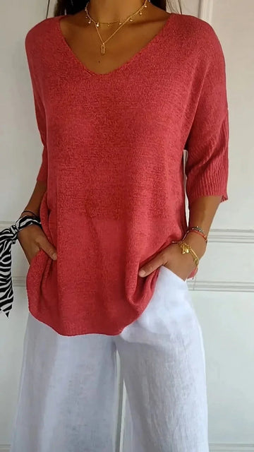 Soft Knit Top with V-Neck and 3/4 Sleeves for Women
