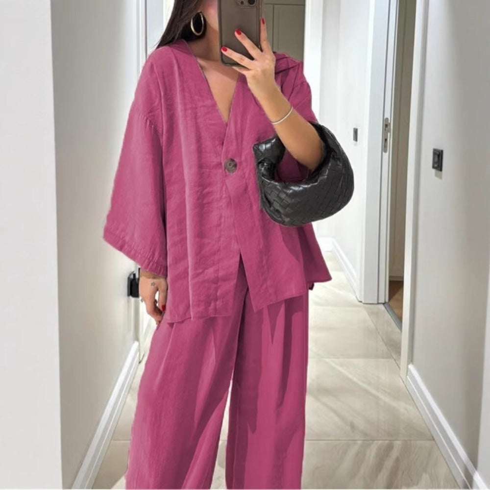 V-Neck Wide Leg Two Piece Pants Set for Women - Rebecca