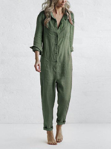 Women’s Button Up Jumpsuit with Short Sleeves and Pockets