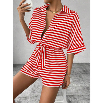 Striped Short Sleeve Belted Romper for Women - Teresa