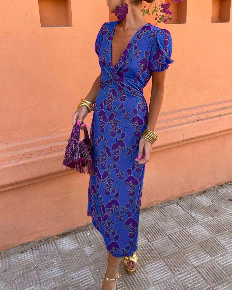 Elegant Midi Dress with Puff Sleeves and Flattering Fit for Women