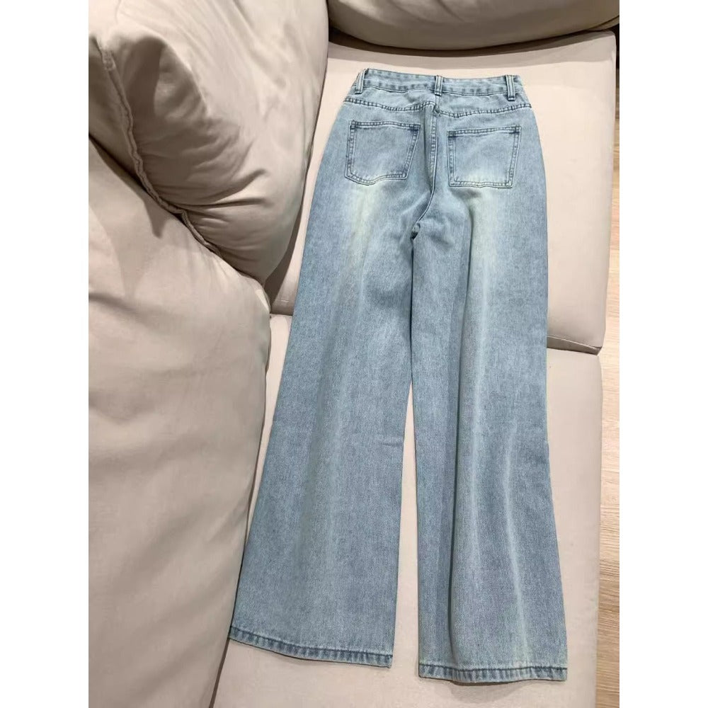 Light Blue High Waist Wide Leg Rhinestone Jeans for Women - Ursula