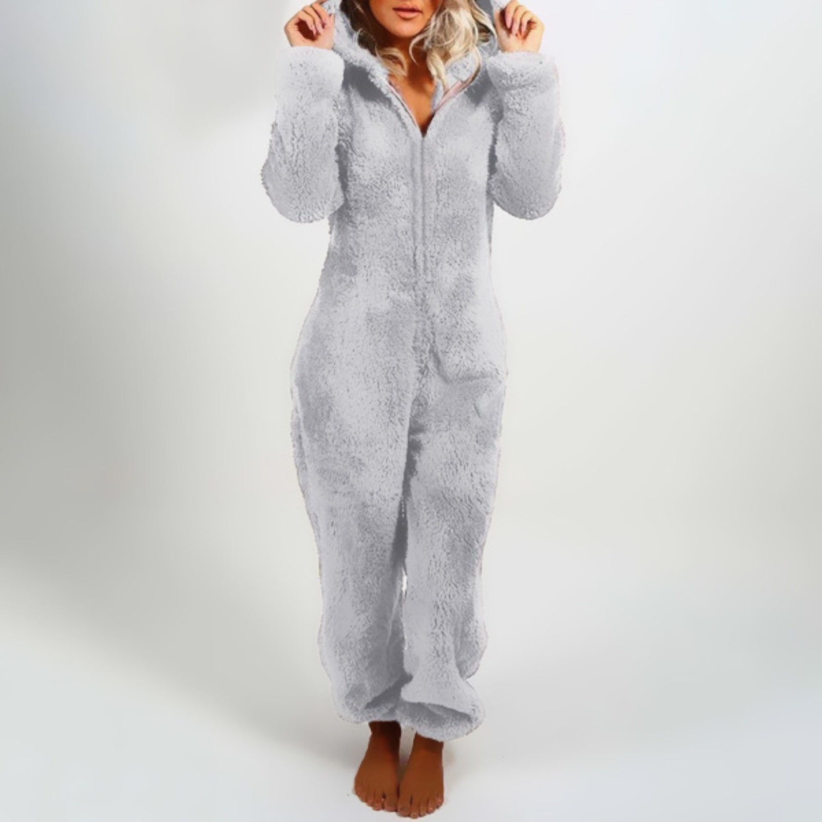 Cozy Hooded Pyjama Onesie with Front Zipper for Women