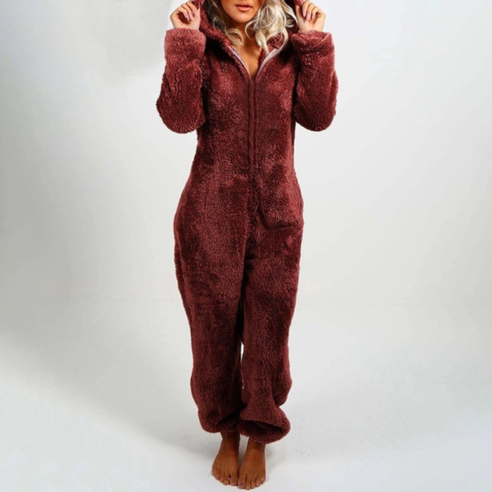 Cozy Hooded Pyjama Onesie with Front Zipper for Women