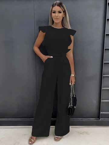 Wide Leg Jumpsuit with Ruffle Sleeves for Women