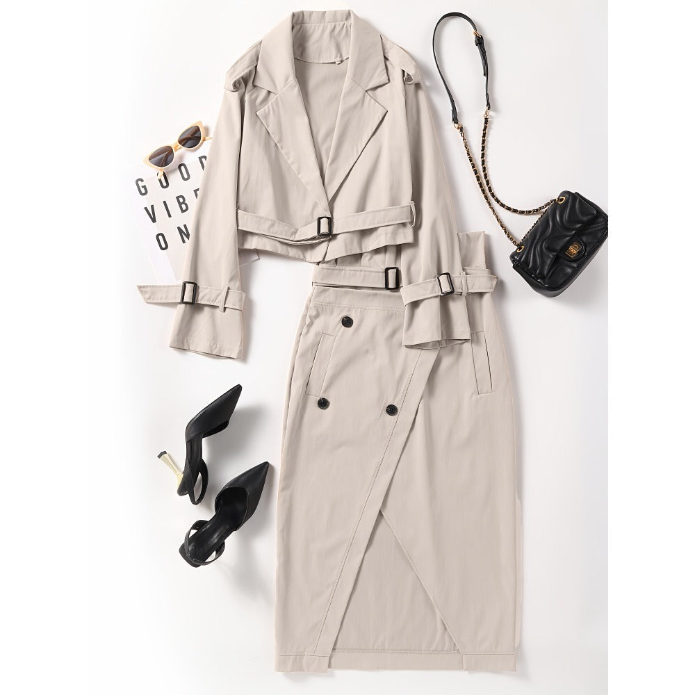 Trench Coat Skirt Set with Belt for Women - Grazia