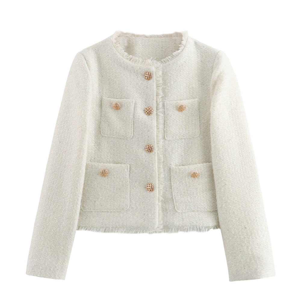 Tweed Button Up Long Sleeve Jacket for Women - Gianna