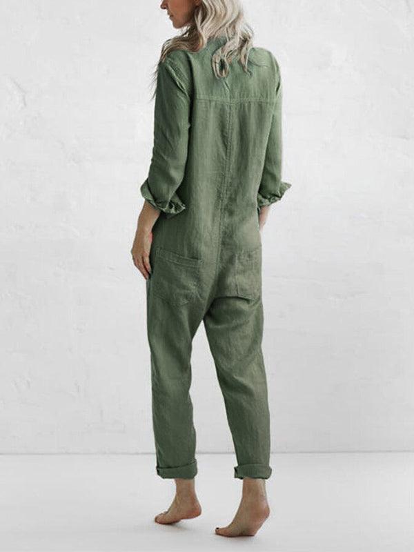 Women’s Button Up Jumpsuit with Short Sleeves and Pockets