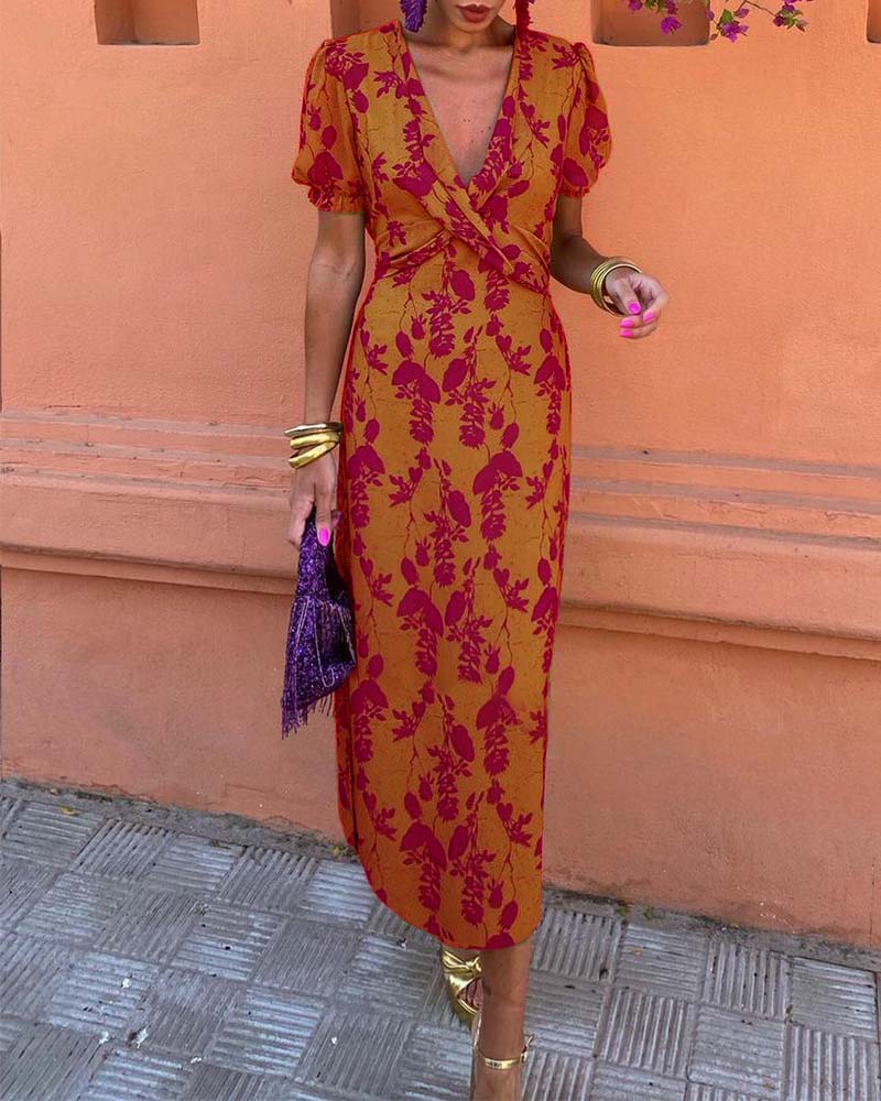 Elegant Midi Dress with Puff Sleeves and Flattering Fit for Women