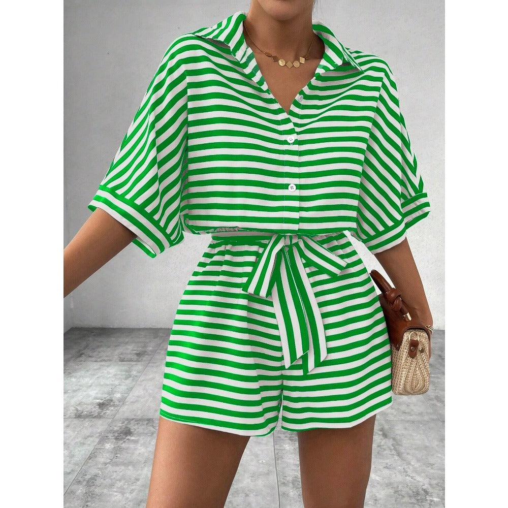 Striped Short Sleeve Belted Romper for Women - Teresa