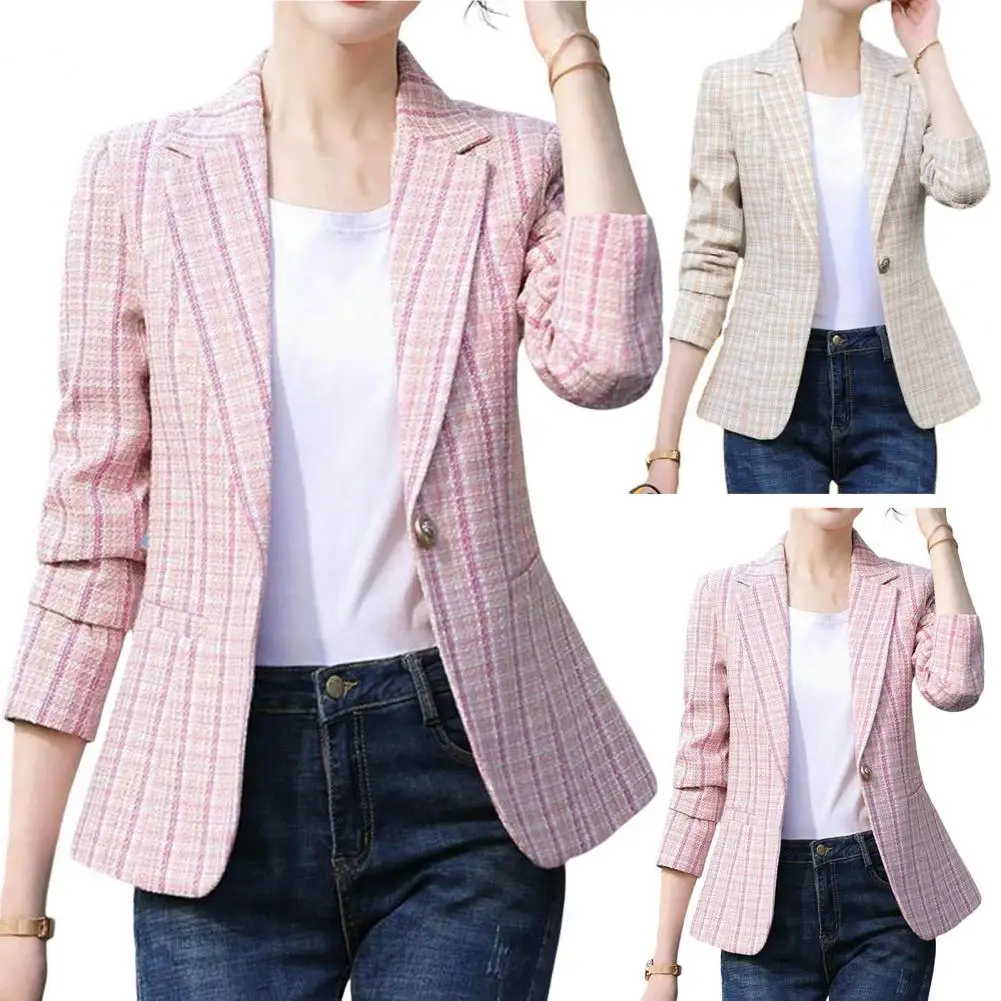 Classic Checkered Single Button Blazer Jacket for Women