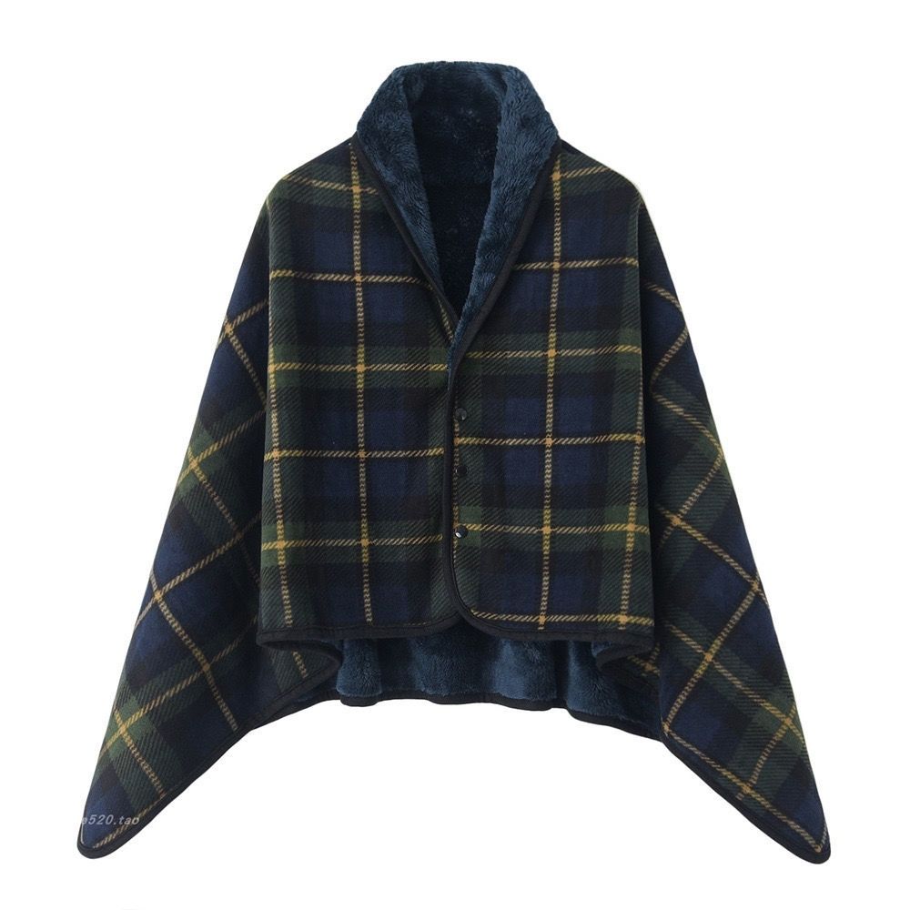 Plaid Fleece Poncho Cape with Buttons for Women - Lara