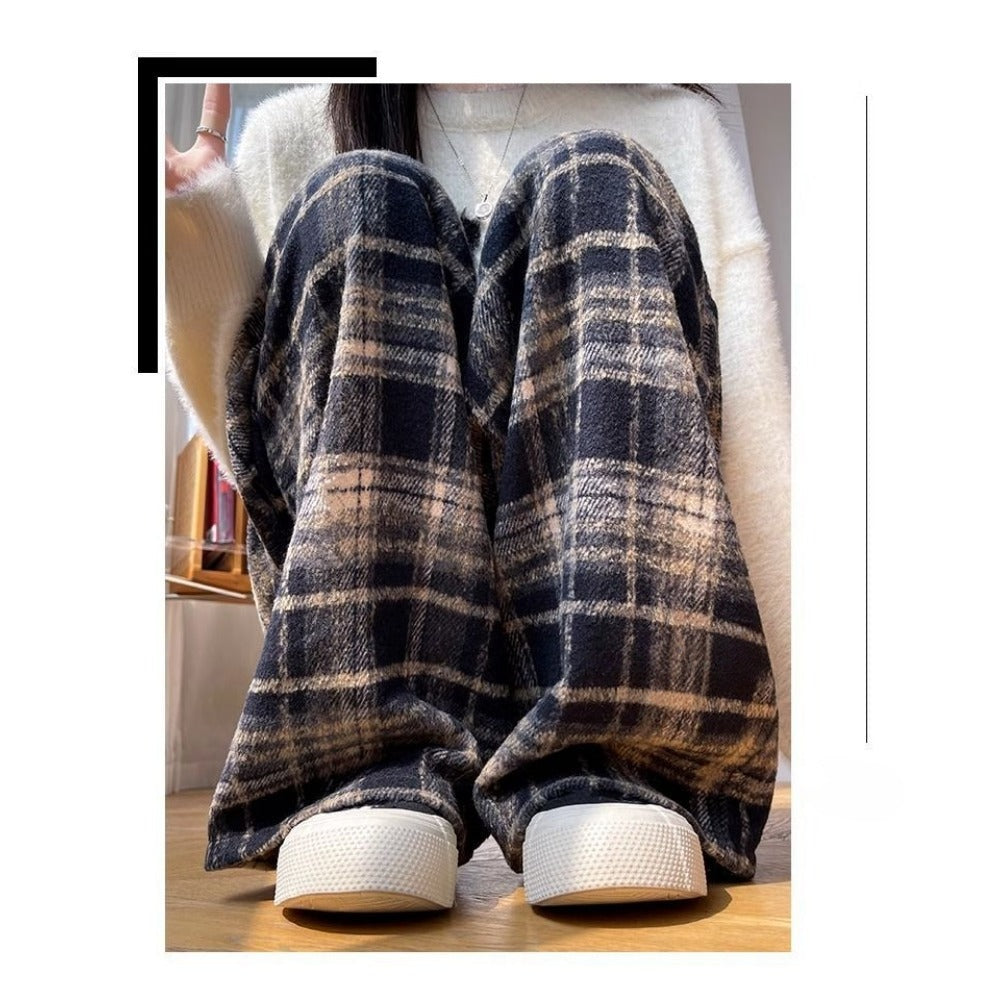 Plaid Wide-Leg Fleece-Lined Pants with Drawstring for Women - Miriam