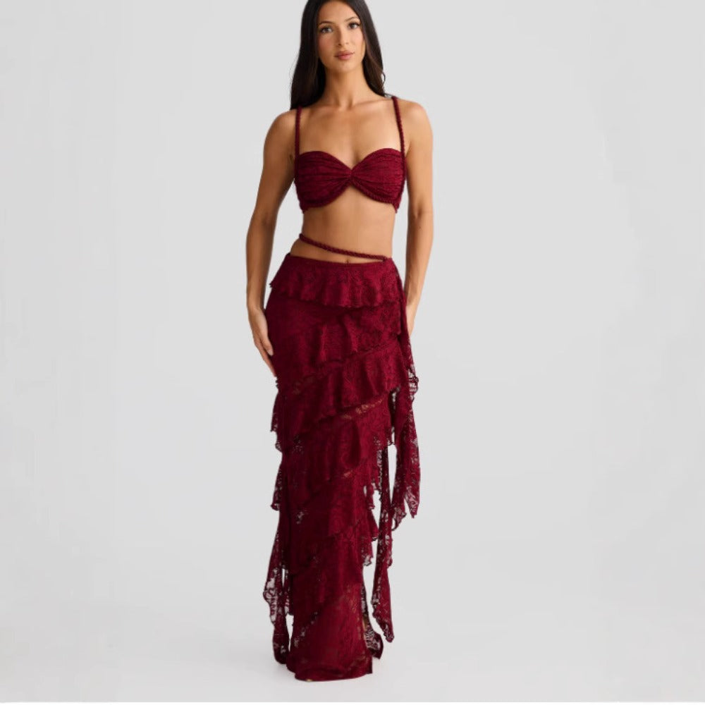 Lace Crop Top and Ruffled Skirt Set for Women - Licia