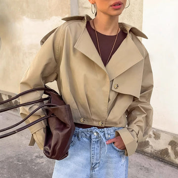 Khaki Cropped Trench Coat with Wide Collar for Women - Romana