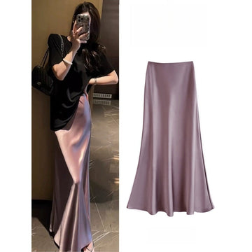 Satin Maxi Skirt with Elastic Waist for Women - Alda