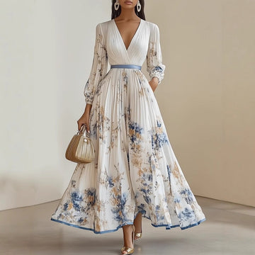 Floral Print Pleated Maxi Dress with Long Sleeves for Women - Gelsomina