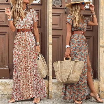 Soft Maxi Dress with V-Neck and Short Sleeves for Women