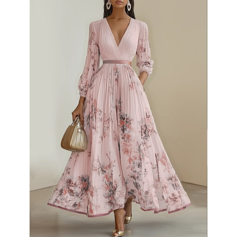 Floral Print Pleated Maxi Dress with Long Sleeves for Women - Gelsomina