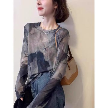 Grey Abstract Print Mesh Long Sleeve Top for Women - Rosaria