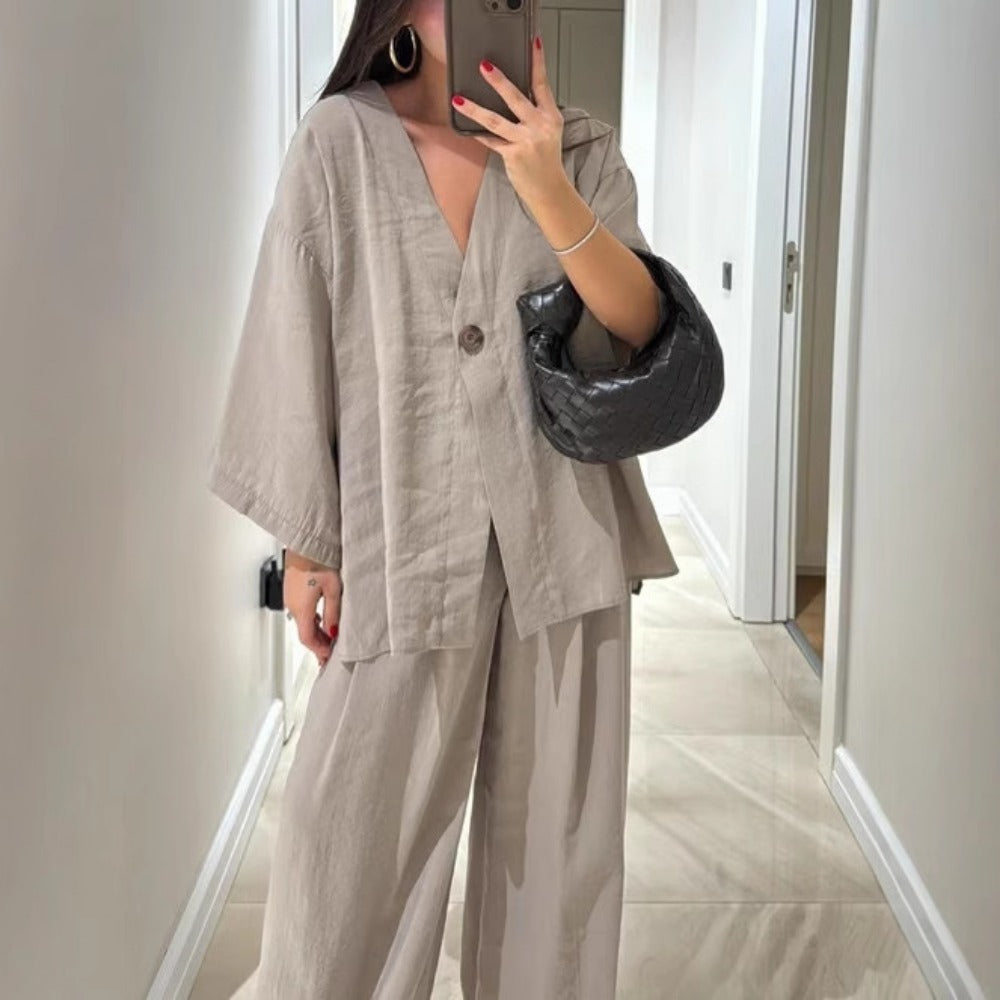 V-Neck Wide Leg Two Piece Pants Set for Women - Rebecca