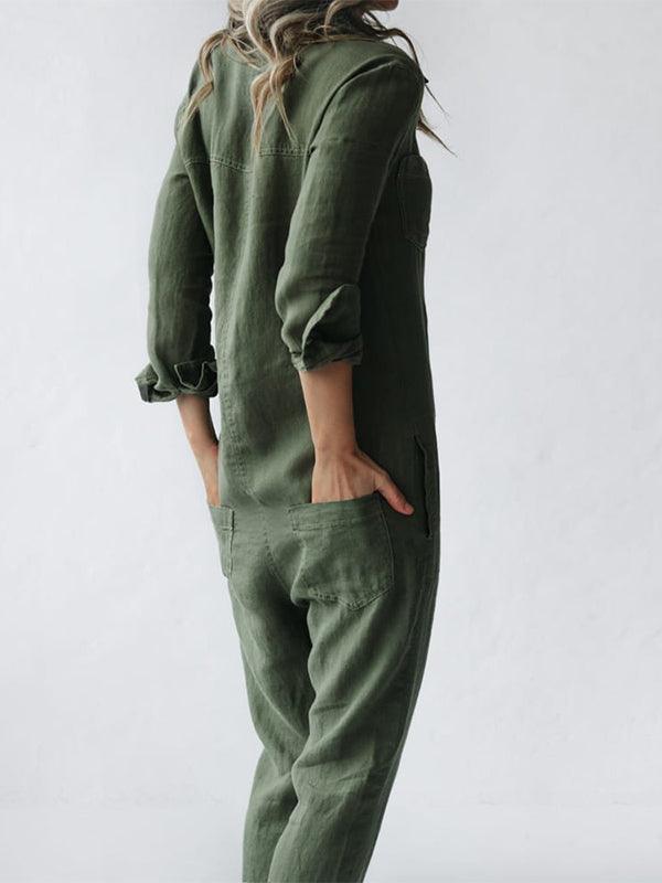 Women’s Button Up Jumpsuit with Short Sleeves and Pockets