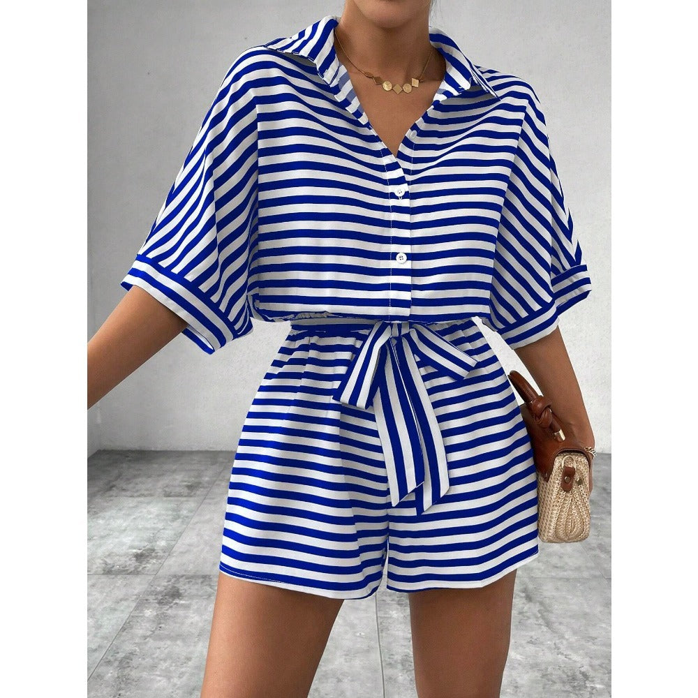 Striped Short Sleeve Belted Romper for Women - Teresa