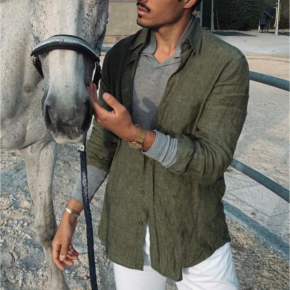 Long Sleeve Linen Button-Up Shirt for Men - Irene