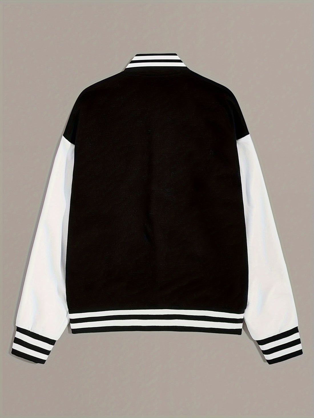 Black Varsity Jacket with Button Front and Striped Trim for Women