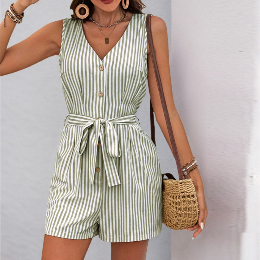 Striped Sleeveless Romper with Tie Waist for Women - Sebastiana