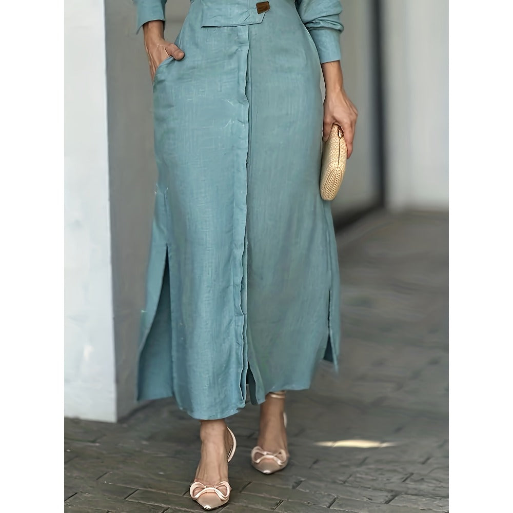 Teal Button Down Long Sleeve Maxi Dress for Women - Daria