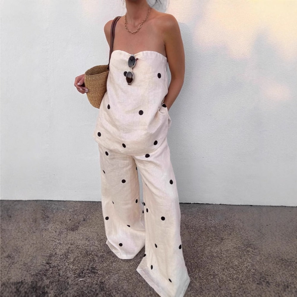 Polka Dot Strapless Two Pieces Set with Wide Leg for Women - Anita