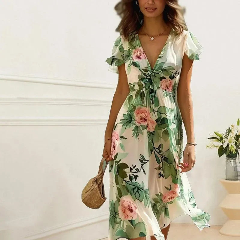 Women’s Green Floral Midi Dress with Elegant Design