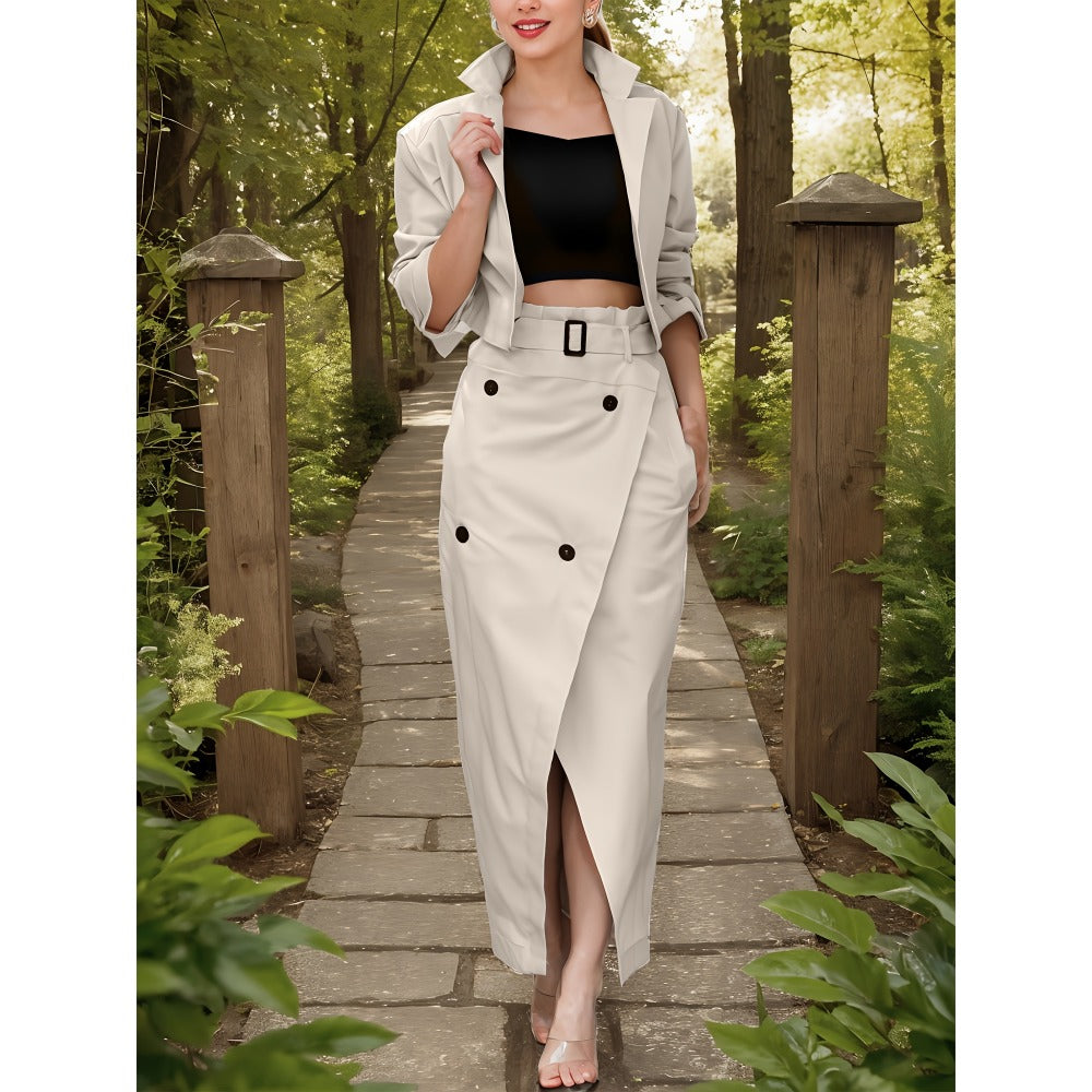 Trench Coat Skirt Set with Belt for Women - Grazia